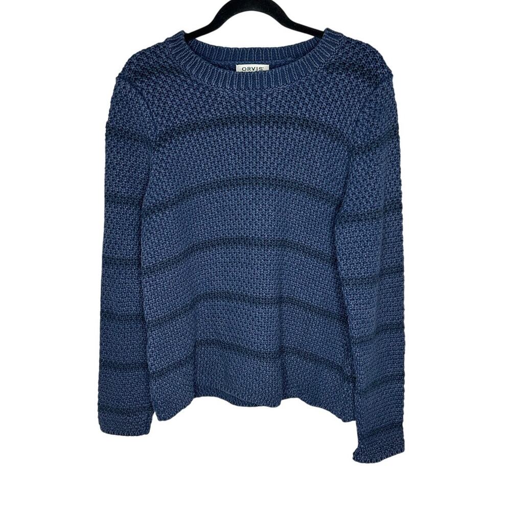 Orvis Men Chunky Knit Crewneck Sweater L Blue Green Stripe Heavy Cotton Pullover